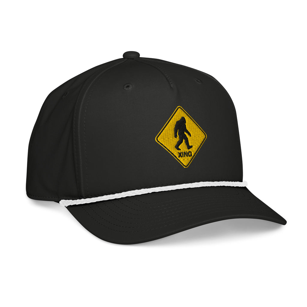 Black Bigfoot crossing sign rope hat with white rope side view – funny Sasquatch outdoor cap