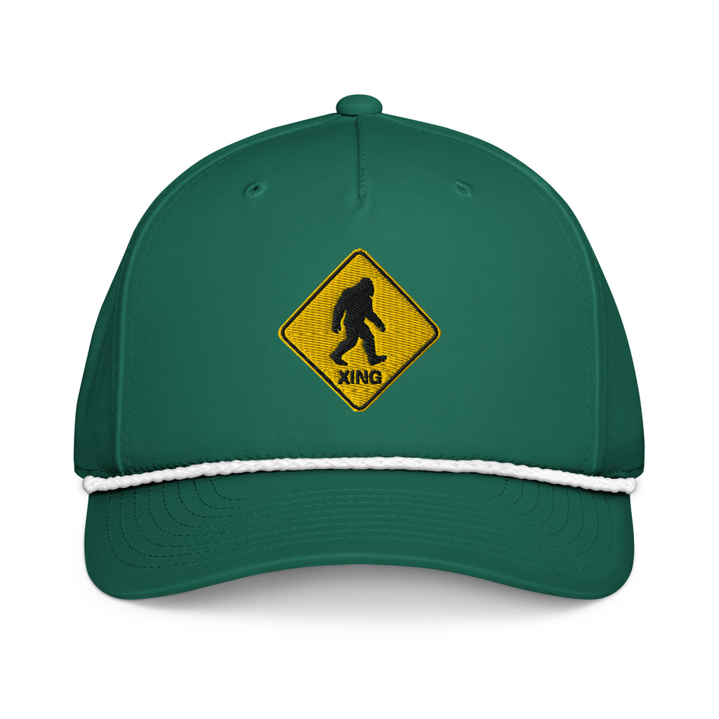 Bigfoot crossing sign embroidered kelly green rope hat with white rope front view – funny hiking cap