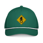 Bigfoot crossing sign embroidered kelly green rope hat with white rope front view – funny hiking cap