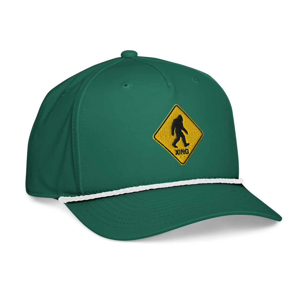 Kelly green Bigfoot crossing sign rope hat side view – funny Sasquatch cap for hikers and campers