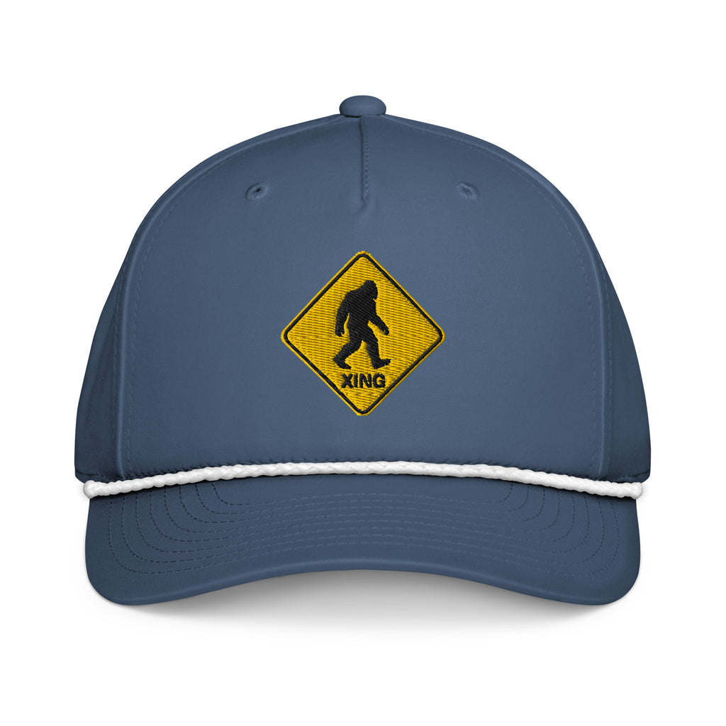 Bigfoot crossing sign embroidered light blue rope hat with white rope front view – funny outdoor hiking cap