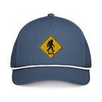Bigfoot crossing sign embroidered light blue rope hat with white rope front view – funny outdoor hiking cap