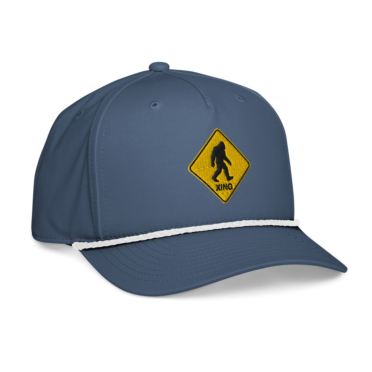 Light blue Bigfoot crossing sign rope hat side view – funny Bigfoot embroidered cap for trail hikers