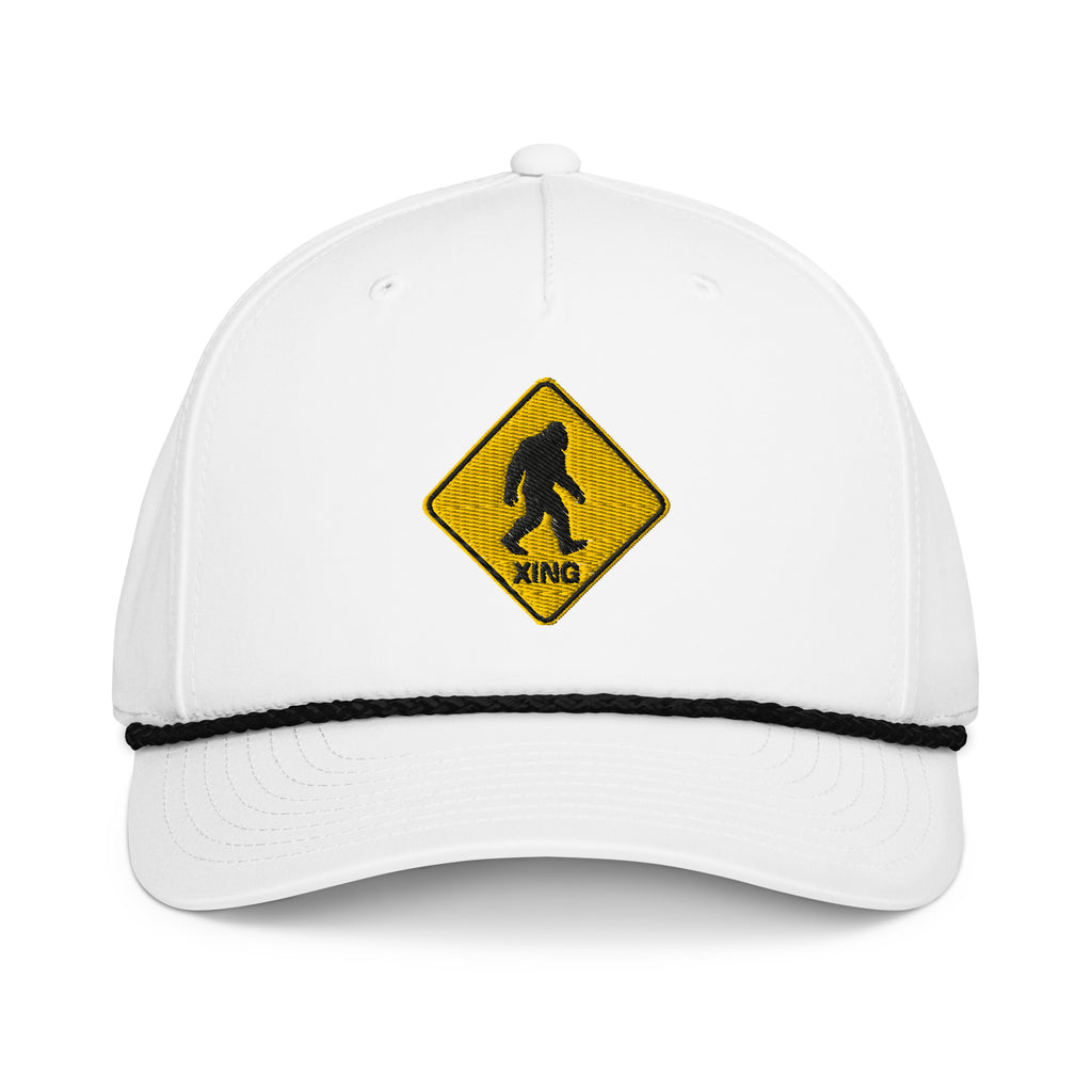 Bigfoot crossing sign embroidered white rope hat with black rope front view – funny Sasquatch hiking cap