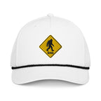 Bigfoot crossing sign embroidered white rope hat with black rope front view – funny Sasquatch hiking cap