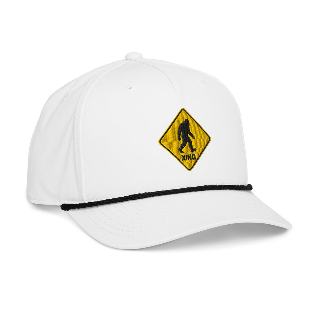 White Bigfoot crossing sign rope hat with black rope side view – funny outdoor cap for campers and hikers