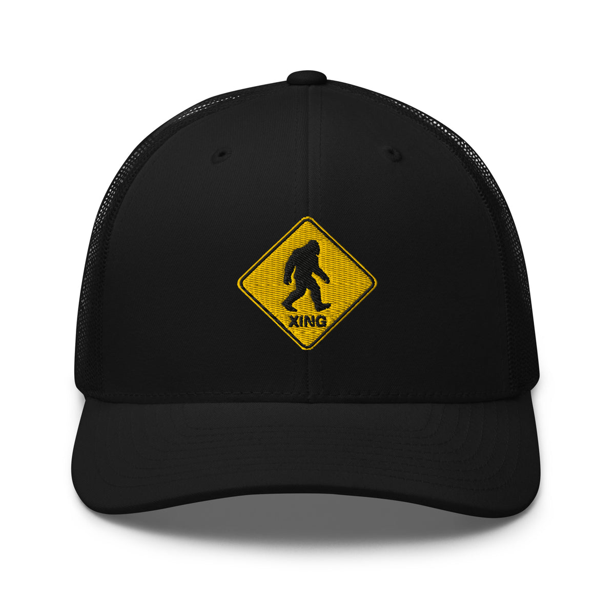 Bigfoot crossing sign embroidered black trucker hat front view – funny outdoor hiking cap
