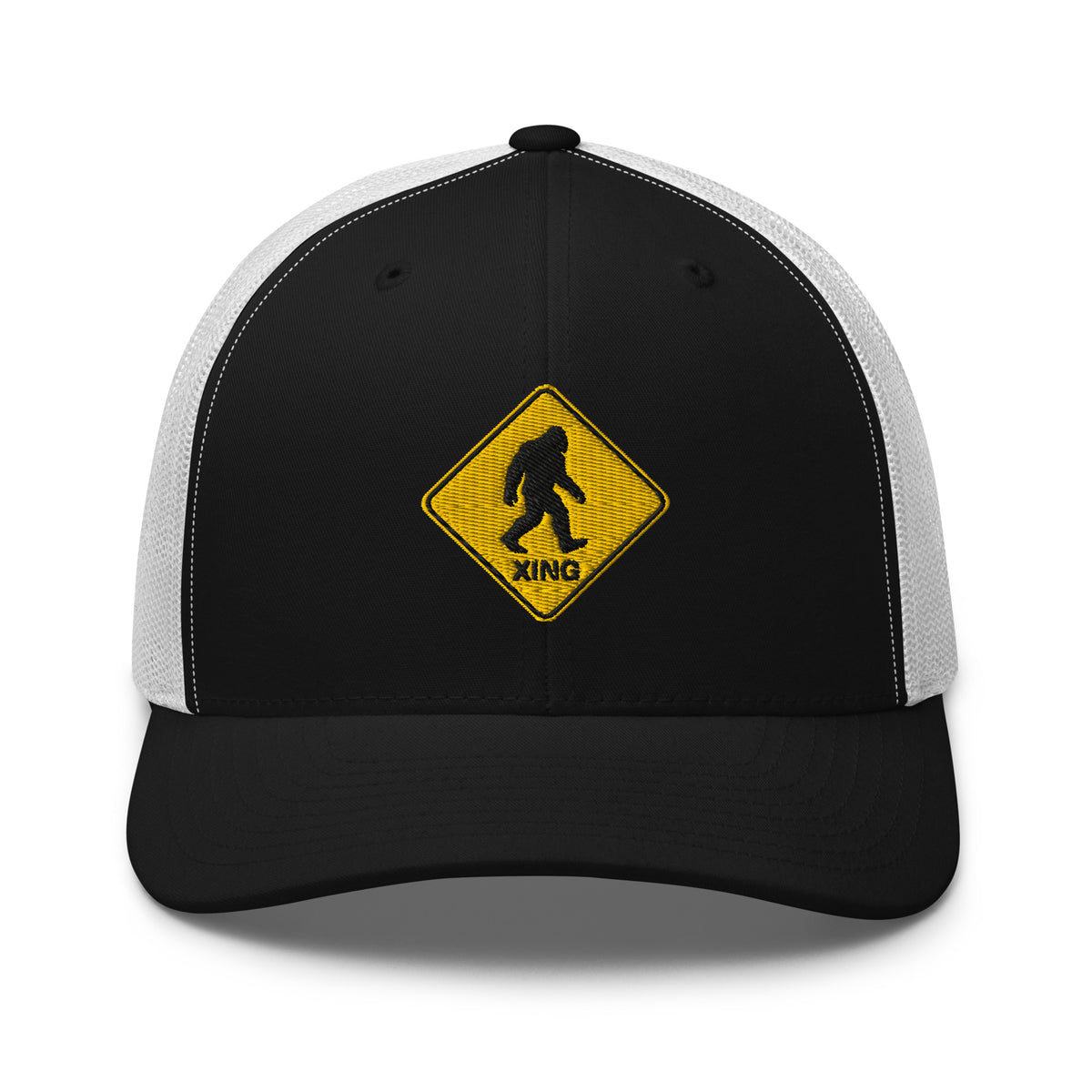 Bigfoot crossing sign embroidered black trucker hat white mesh front view – funny hiking cap