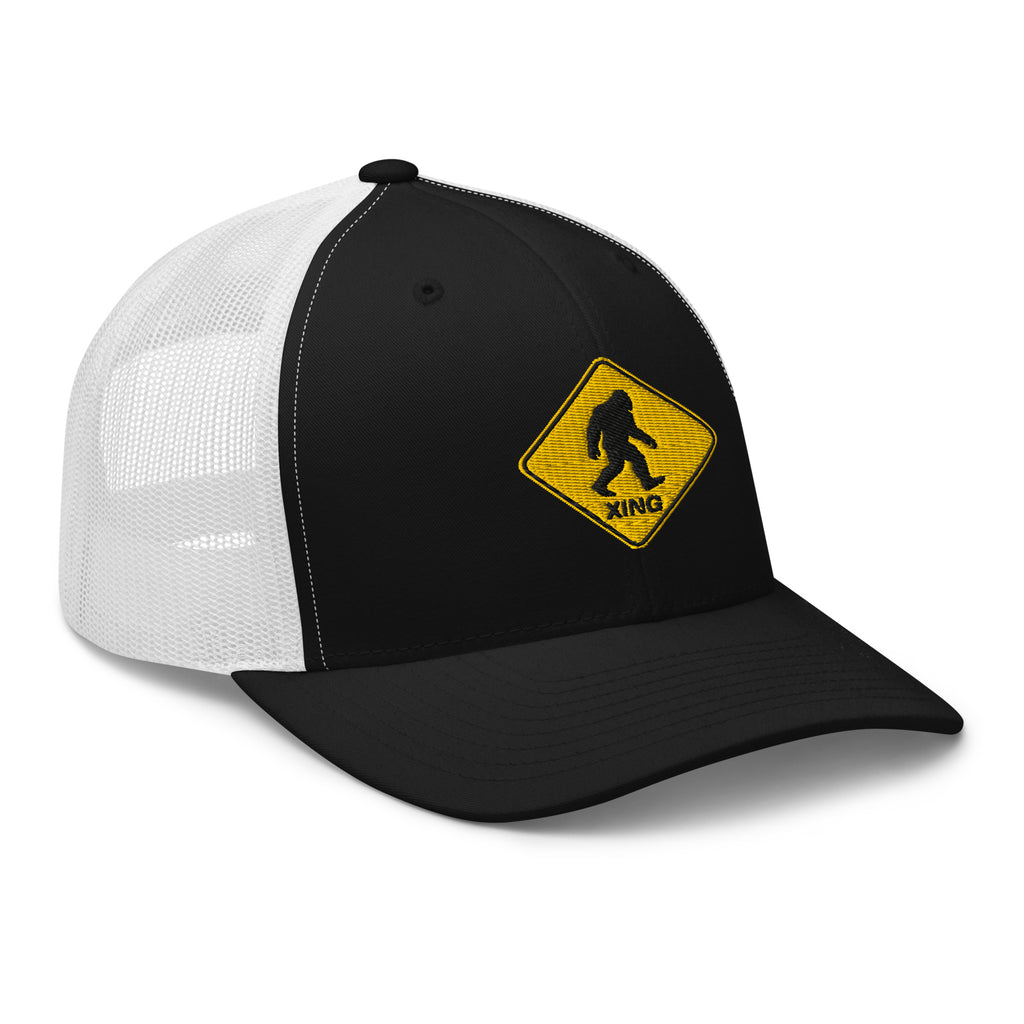 Black and white mesh Bigfoot crossing sign trucker hat side view – funny outdoor cap for campers