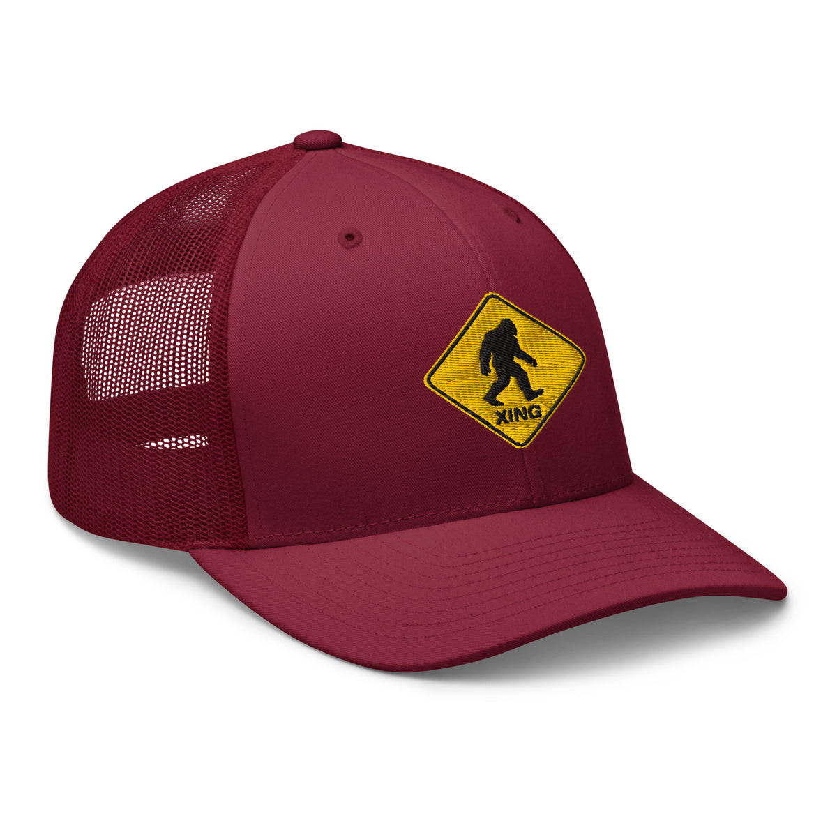 Cranberry Bigfoot crossing sign trucker hat side view – funny Bigfoot embroidered cap