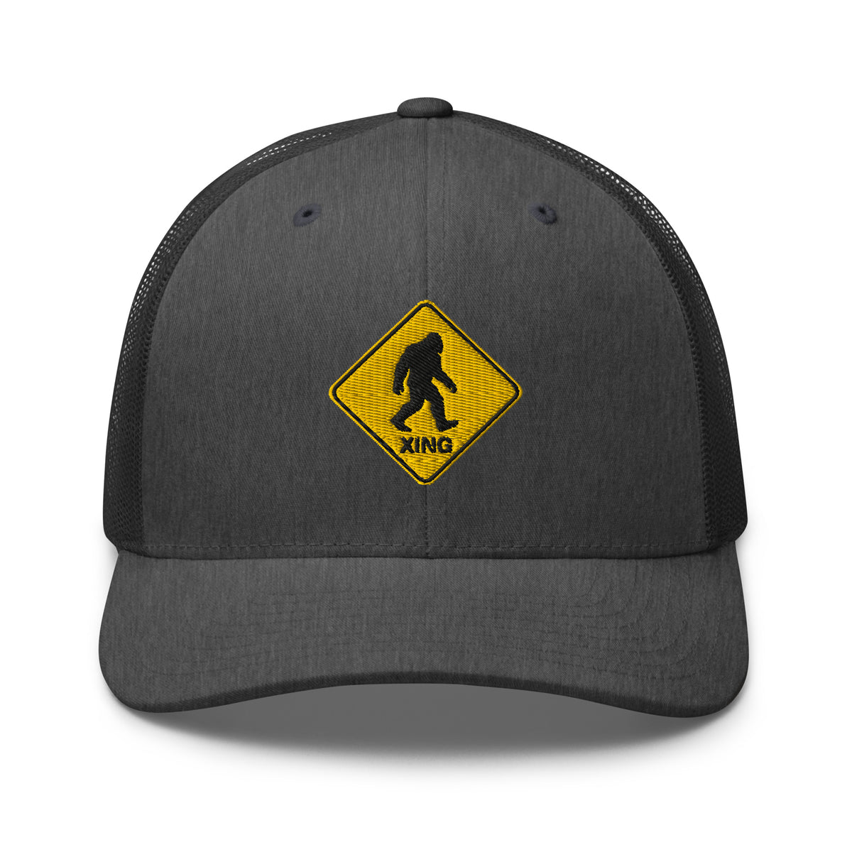 Bigfoot crossing sign embroidered dark gray heather trucker hat front view – funny outdoor gift cap