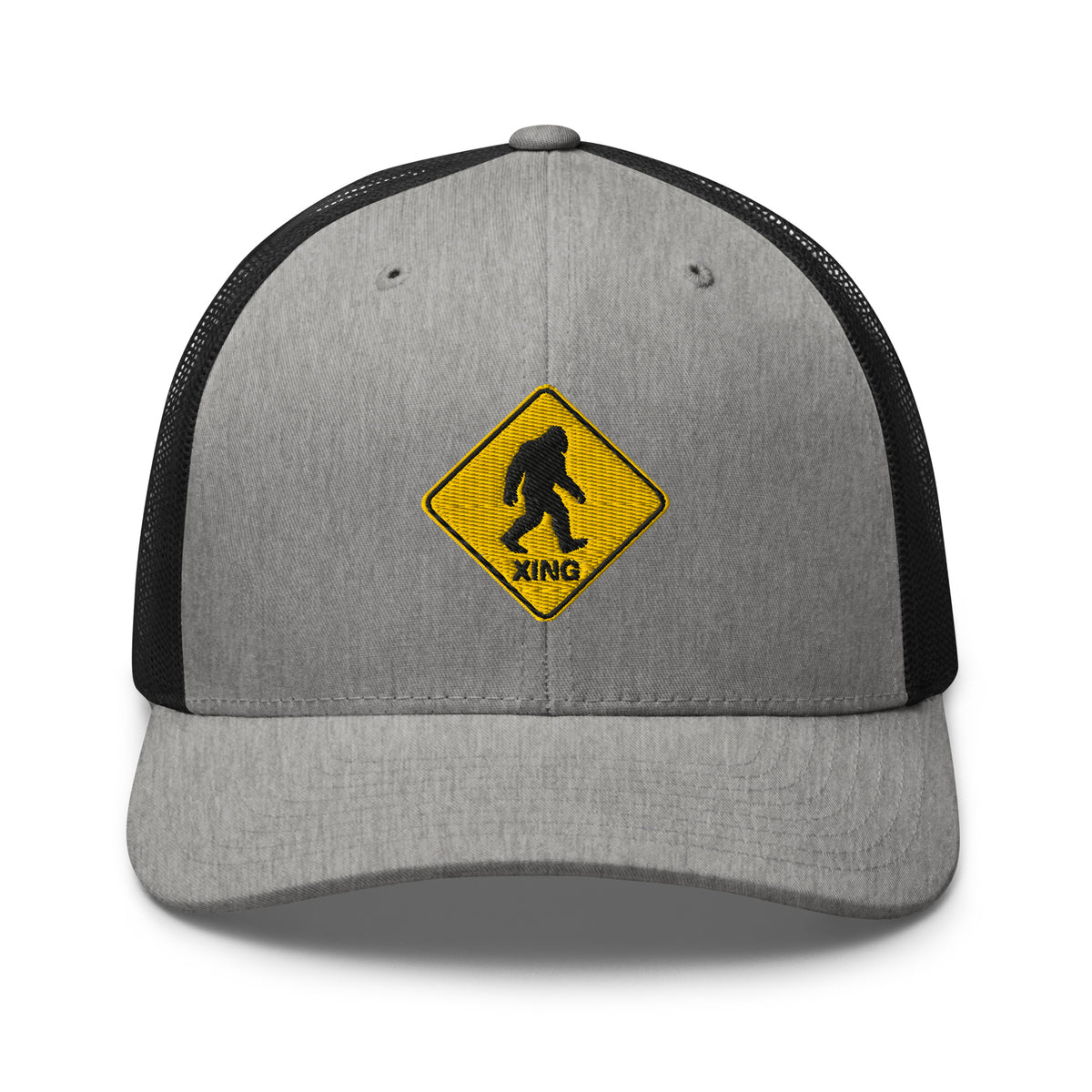 Bigfoot crossing sign embroidered gray heather trucker hat black mesh front view – funny outdoor cap
