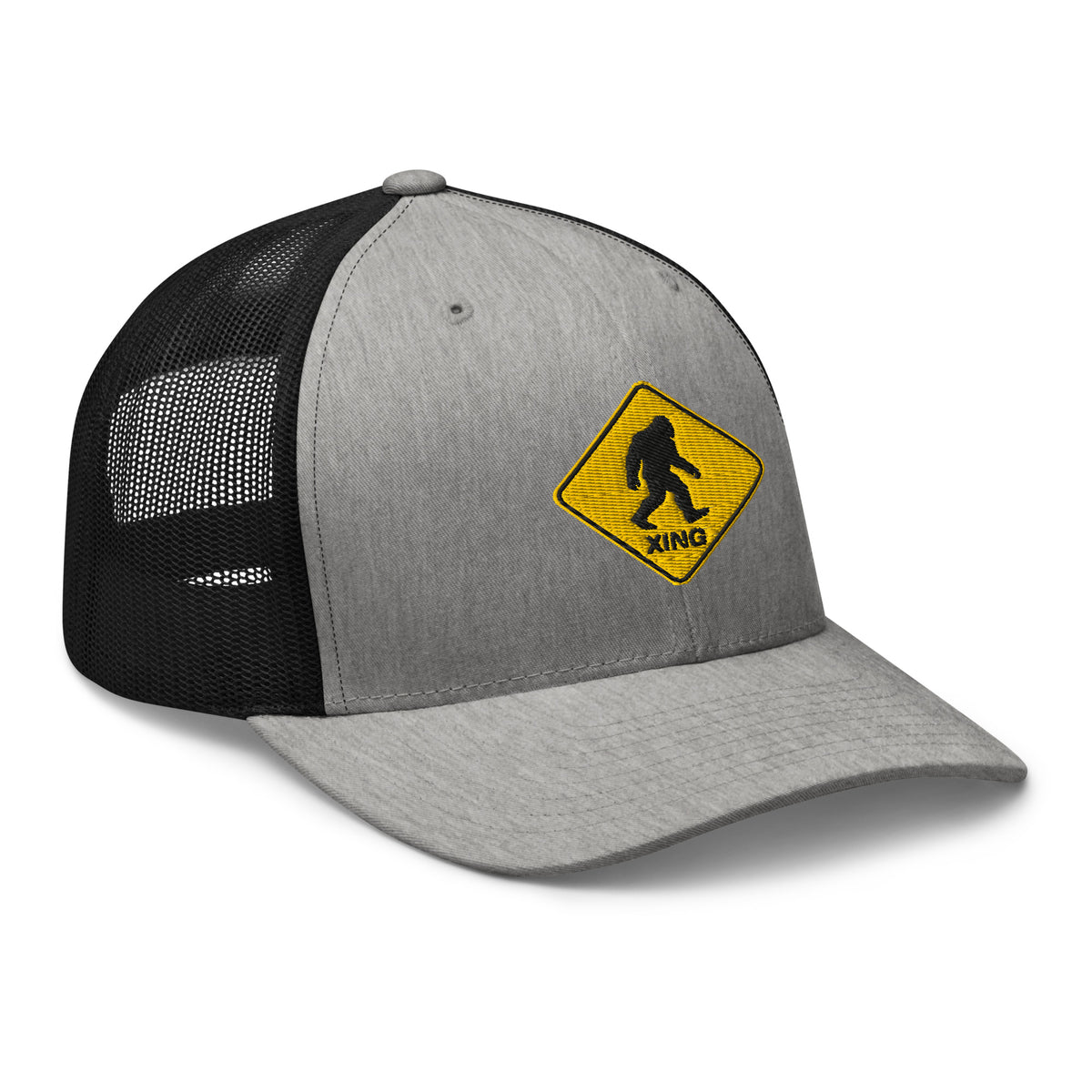 Gray heather and black mesh Bigfoot crossing sign trucker hat side view – funny Sasquatch hiking cap