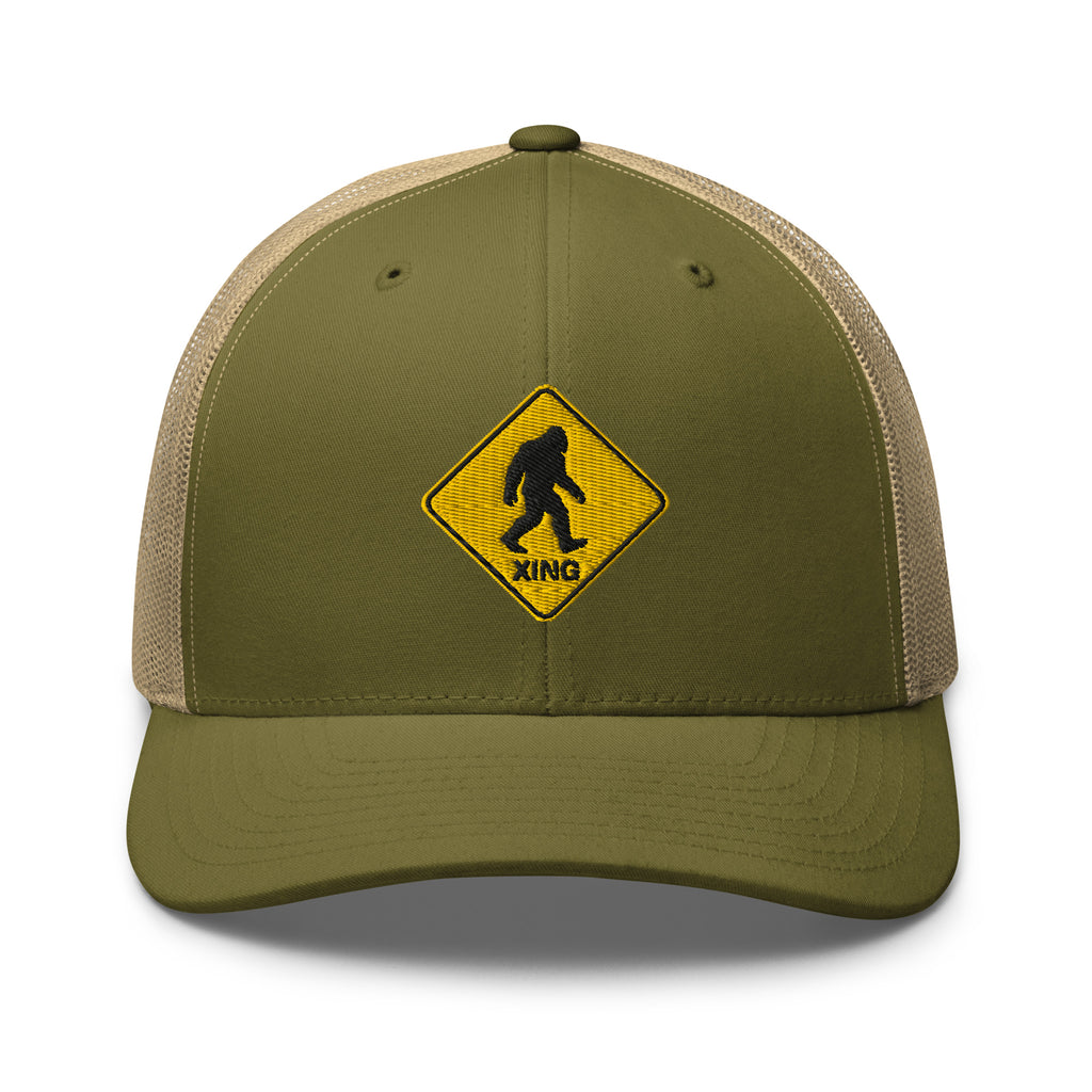 Bigfoot crossing sign embroidered moss trucker hat khaki mesh front view – funny outdoor camping cap