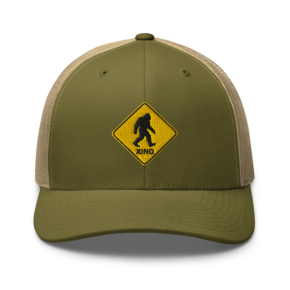 Bigfoot crossing sign embroidered moss trucker hat khaki mesh front view – funny outdoor camping cap