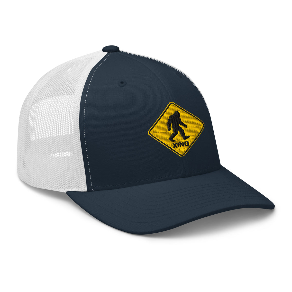 Navy and white mesh Bigfoot crossing sign trucker hat side view – funny Bigfoot cap for men and women