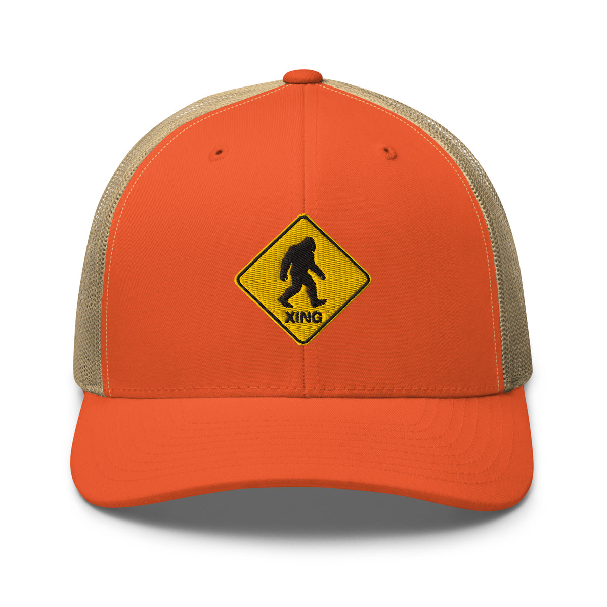 Bigfoot crossing sign embroidered rustic orange trucker hat khaki mesh front view – funny outdoor cap