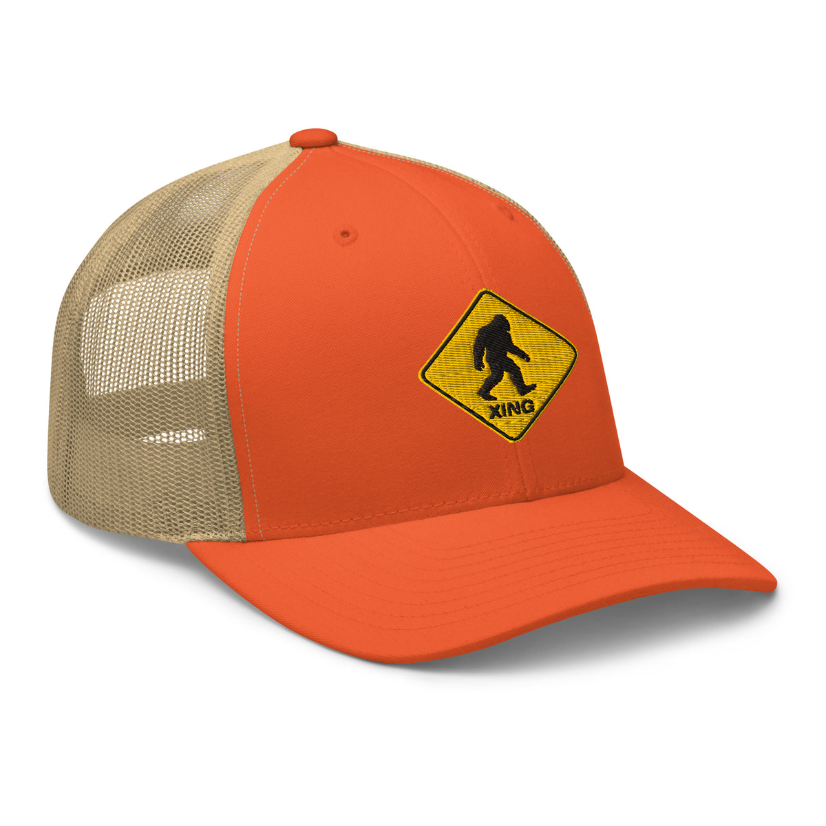 Rustic orange and khaki mesh Bigfoot crossing sign trucker hat side view – funny Sasquatch hunting cap