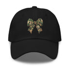 Camo bow embroidered black dad hat front view – women's outdoor hunting cap