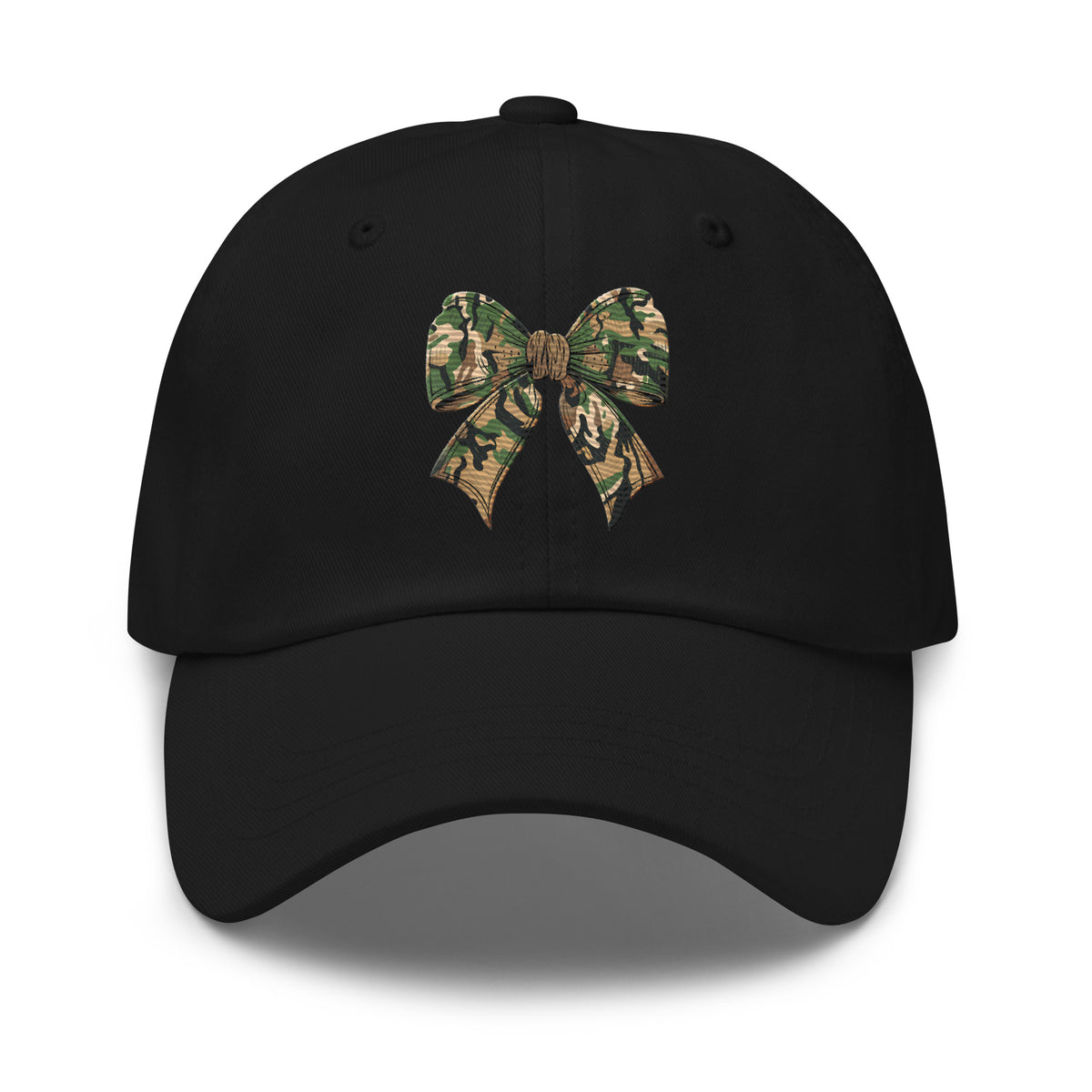 Camo bow embroidered black dad hat front view – women's outdoor hunting cap