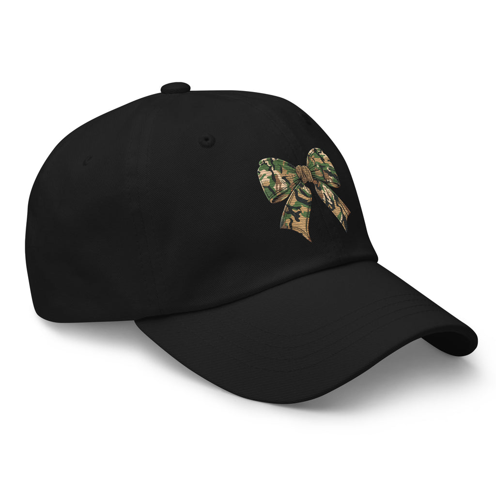 Black camo bow dad hat side view – women's outdoor hunting cap