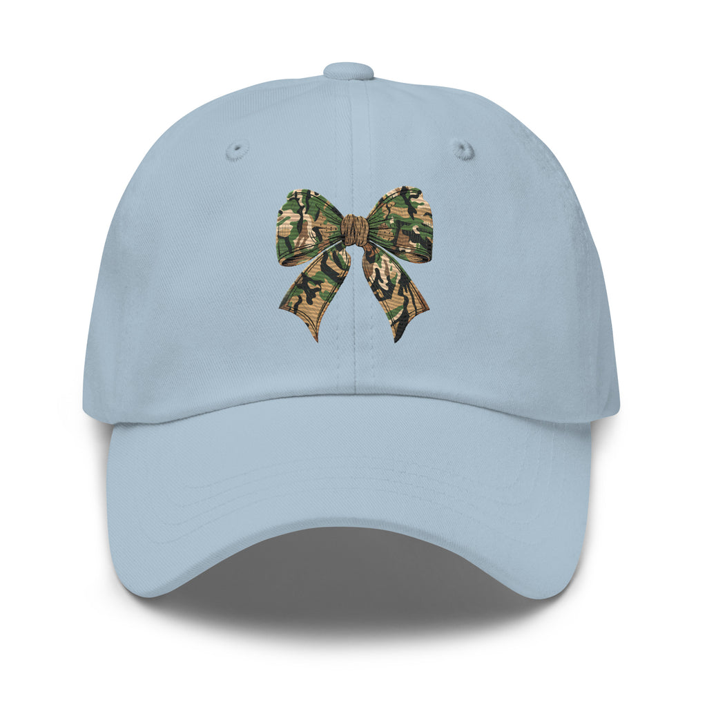 Camo bow embroidered light blue dad hat front view – coquette hunting cap for women