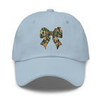 Camo bow embroidered light blue dad hat front view – coquette hunting cap for women