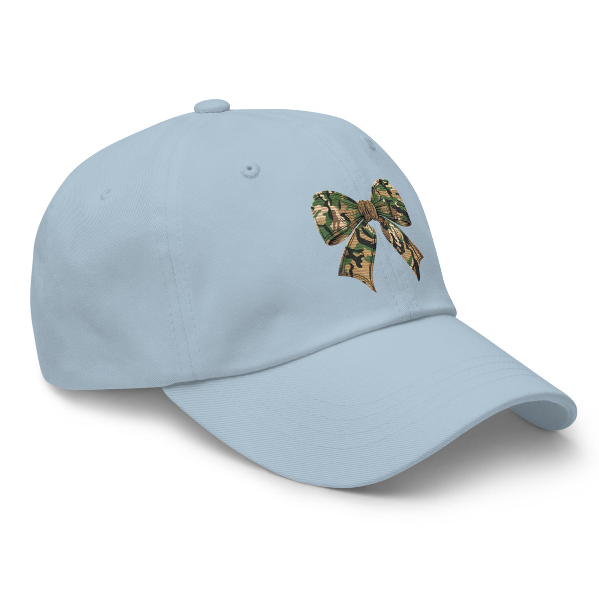 Light blue camo bow dad hat side view – coquette outdoor cap for women