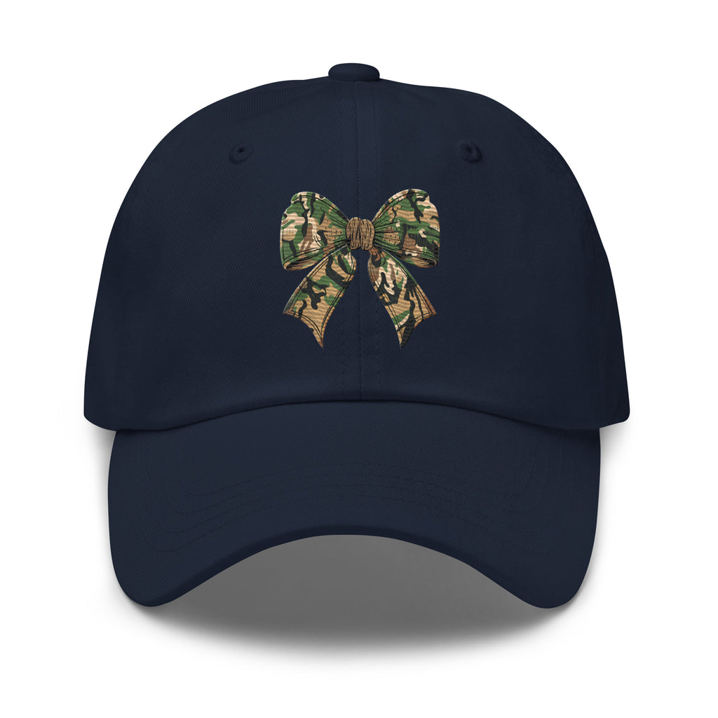 Camo bow embroidered navy dad hat front view – women's outdoor hunting cap