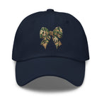 Camo bow embroidered navy dad hat front view – women's outdoor hunting cap