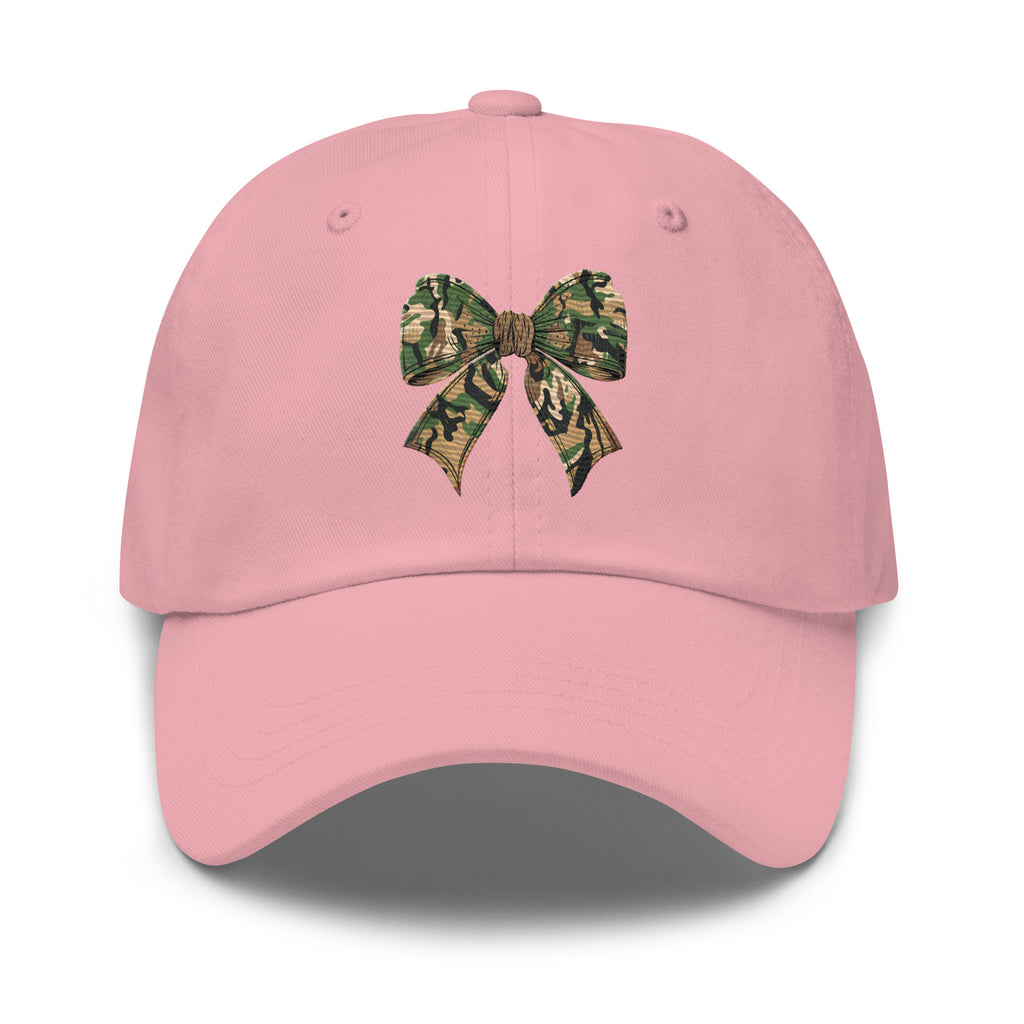 Camo bow embroidered pink dad hat front view – coquette hunting cap for women