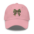 Camo bow embroidered pink dad hat front view – coquette hunting cap for women