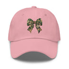 Camo bow embroidered pink dad hat front view – coquette hunting cap for women