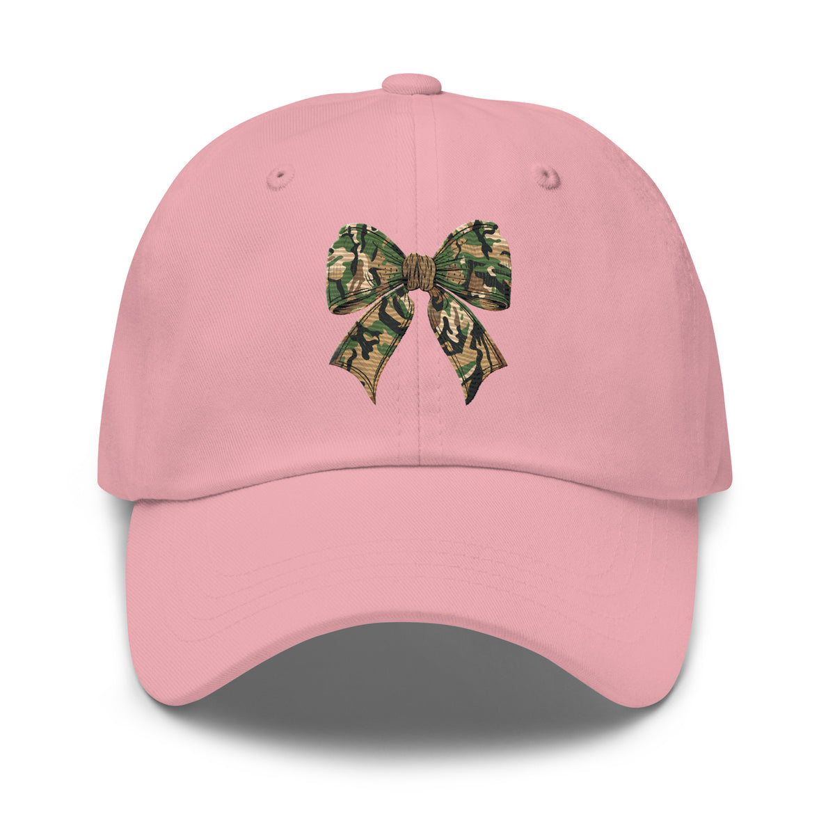 Camo bow embroidered pink dad hat front view – coquette hunting cap for women