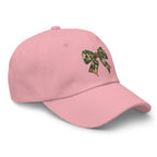 Pink camo bow dad hat side view – coquette outdoor cap for women
