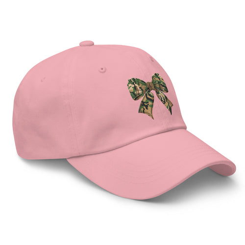 Pink camo bow dad hat side view – coquette outdoor cap for women