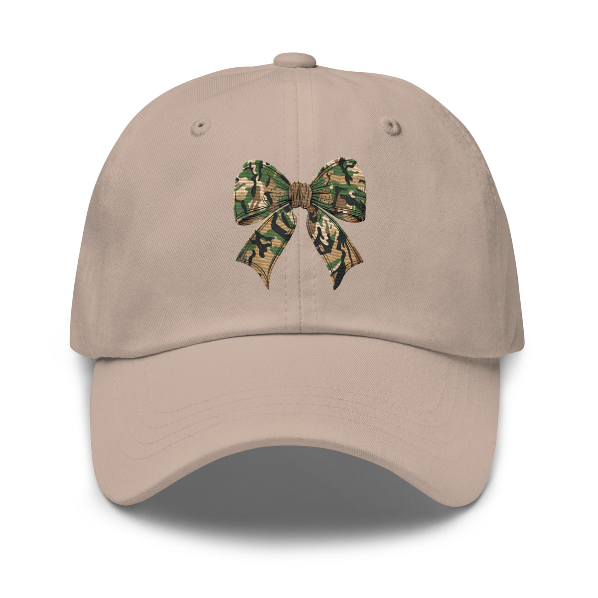 Camo bow embroidered stone dad hat front view – women's outdoor hunting cap