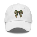 Camo bow embroidered white dad hat front view – women's outdoor hunting cap