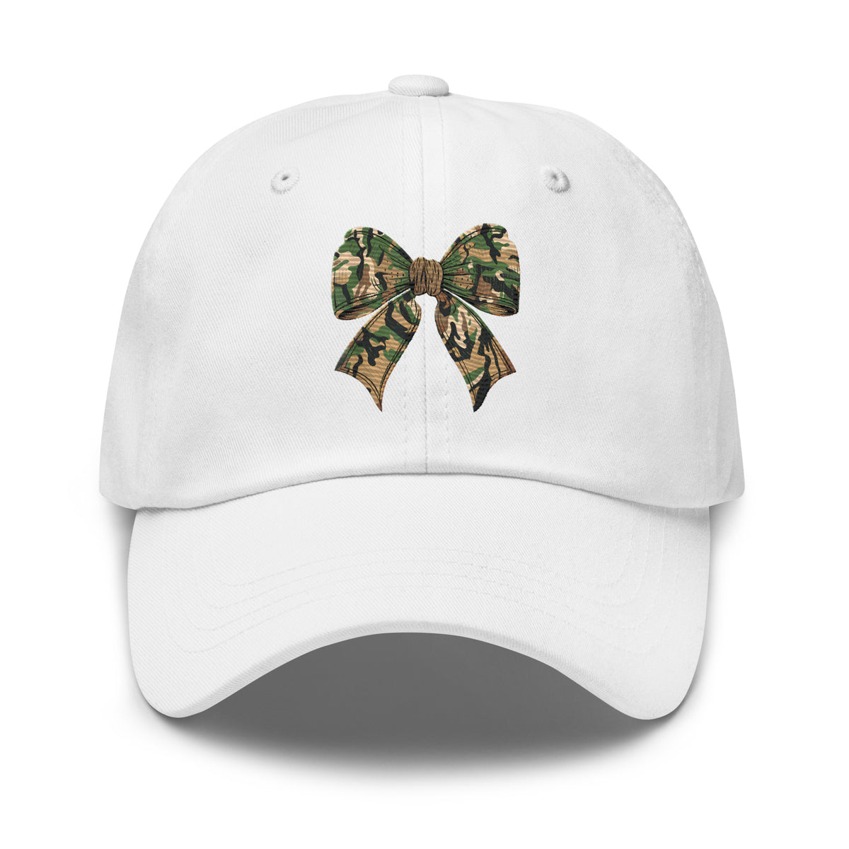 Camo bow embroidered white dad hat front view – women's outdoor hunting cap