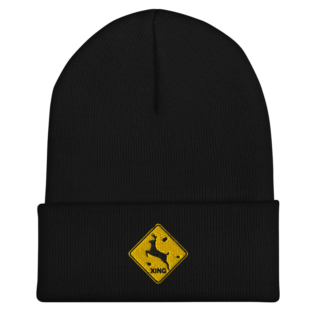 Deer crossing sign embroidered black beanie – funny deer hunting winter hat