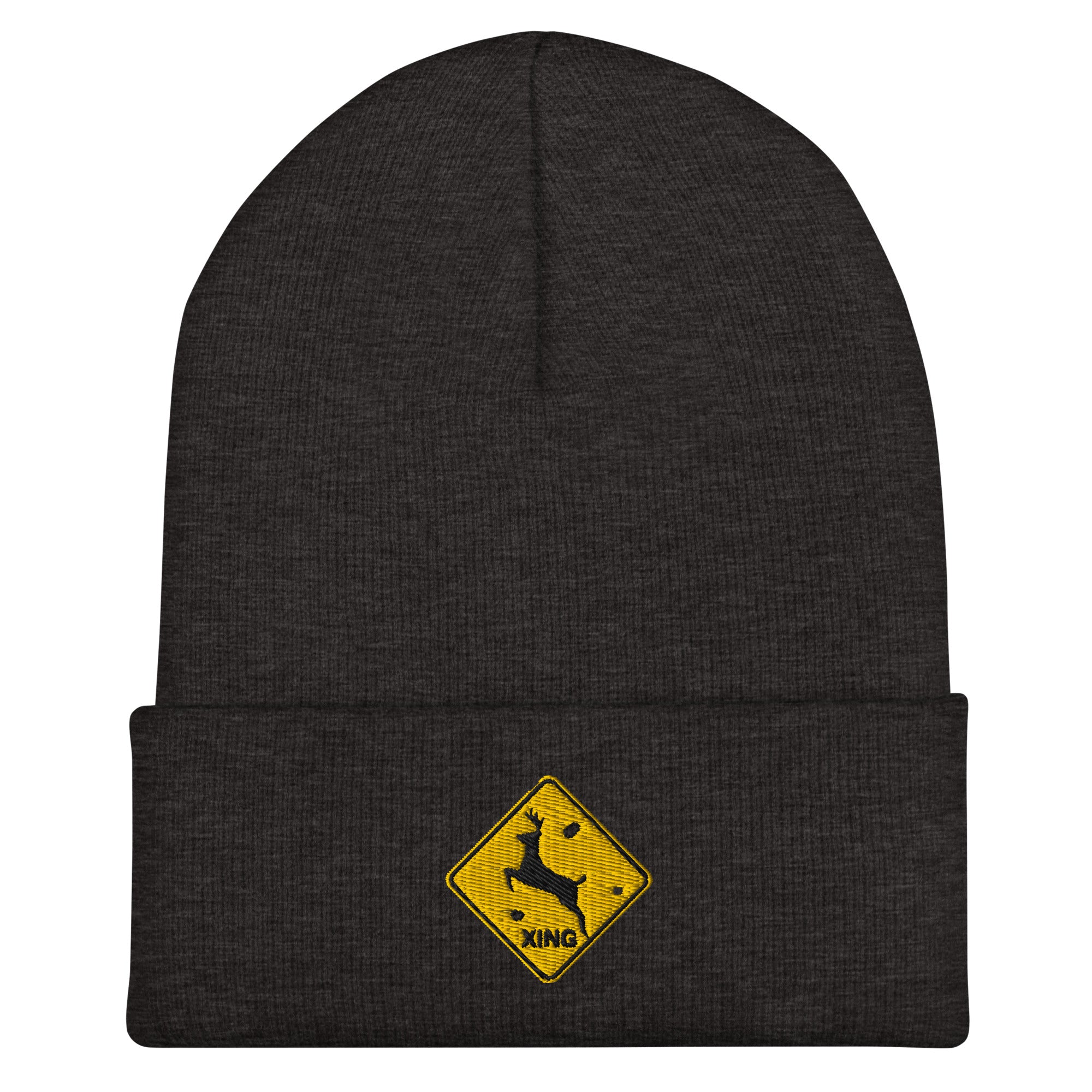 Deer crossing sign embroidered dark gray beanie – funny deer hunting winter hat