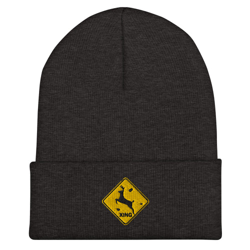 Deer crossing sign embroidered dark gray beanie – funny deer hunting winter hat