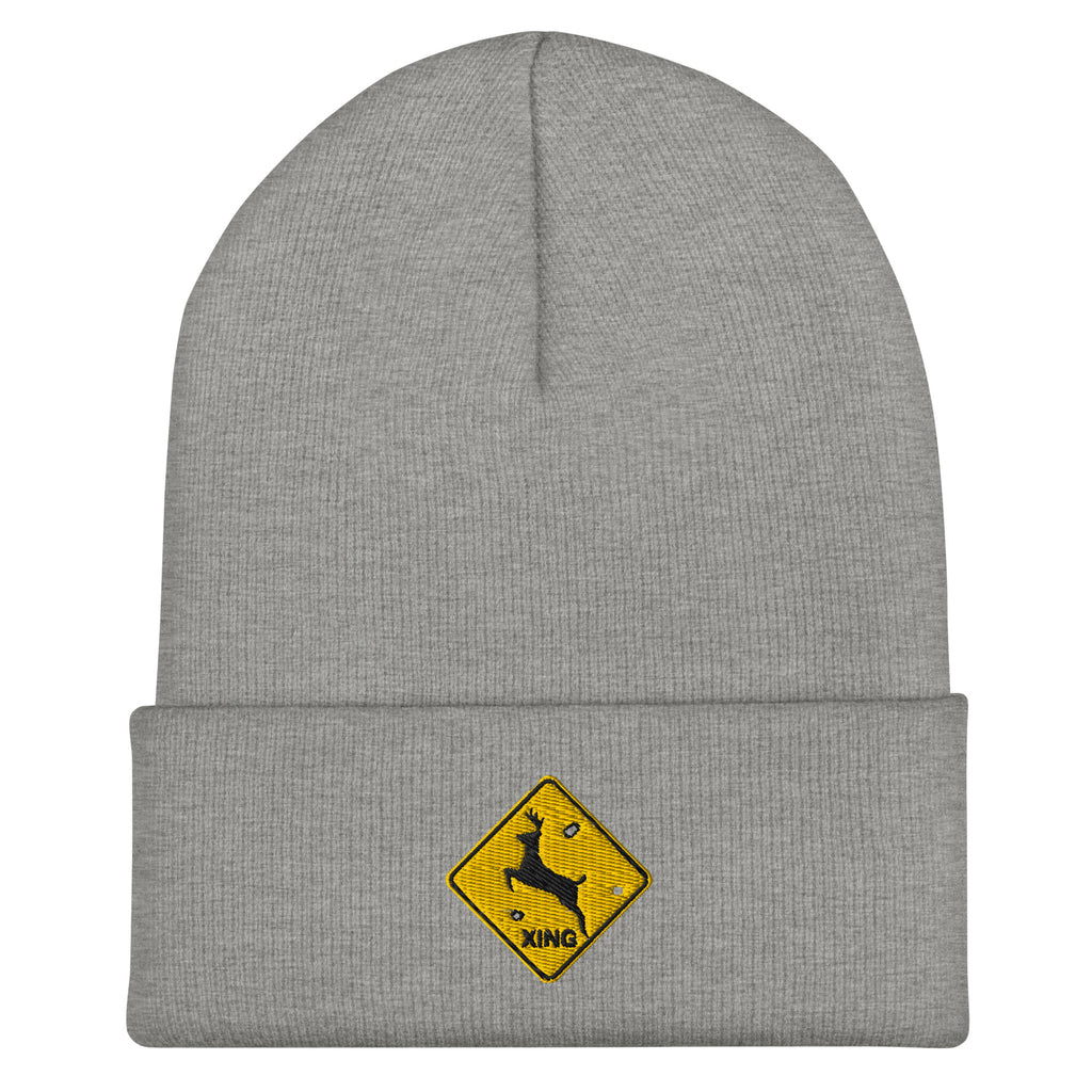 Deer crossing sign embroidered gray heather beanie – funny deer hunting winter hat