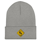 Deer crossing sign embroidered gray heather beanie – funny deer hunting winter hat