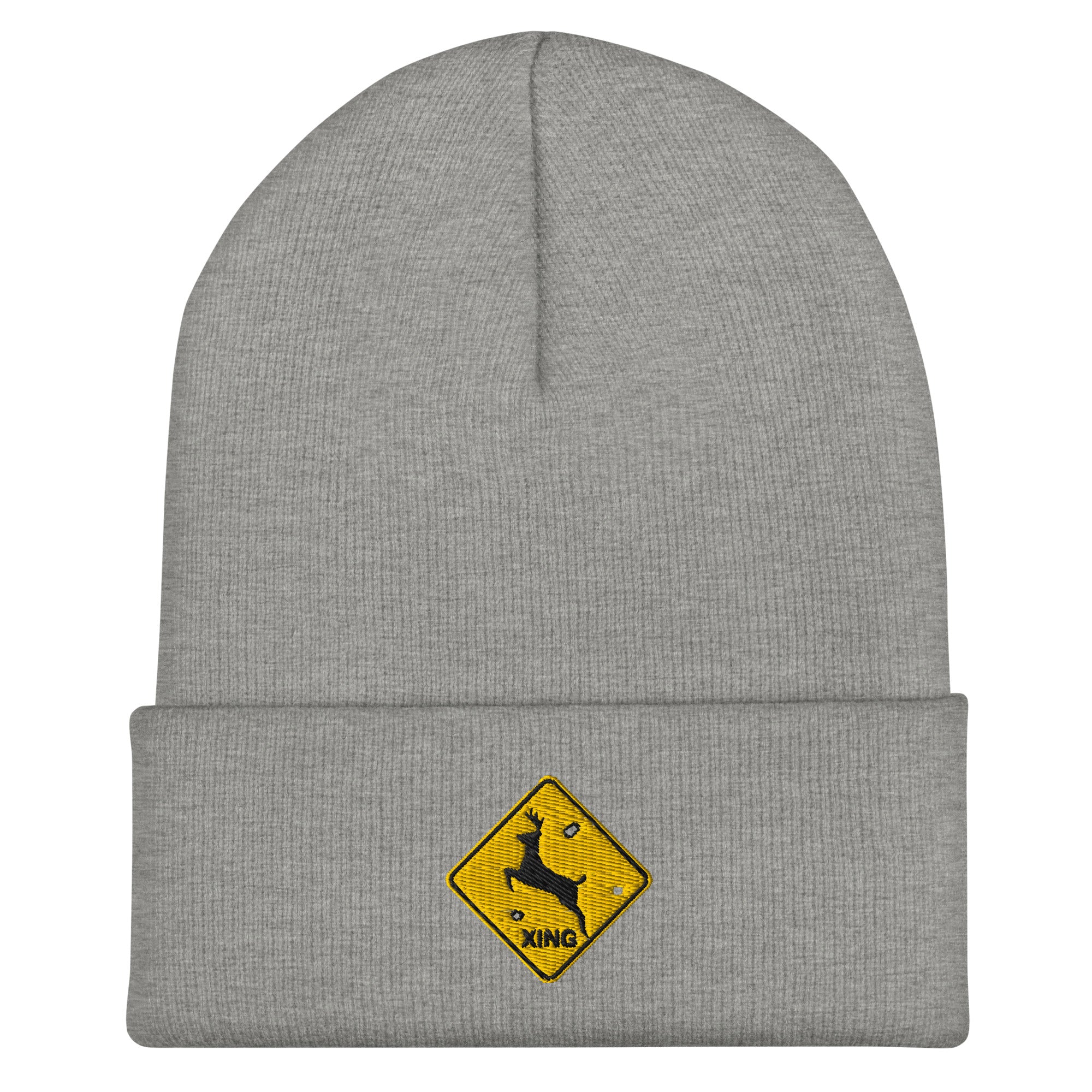 Deer crossing sign embroidered gray heather beanie – funny deer hunting winter hat
