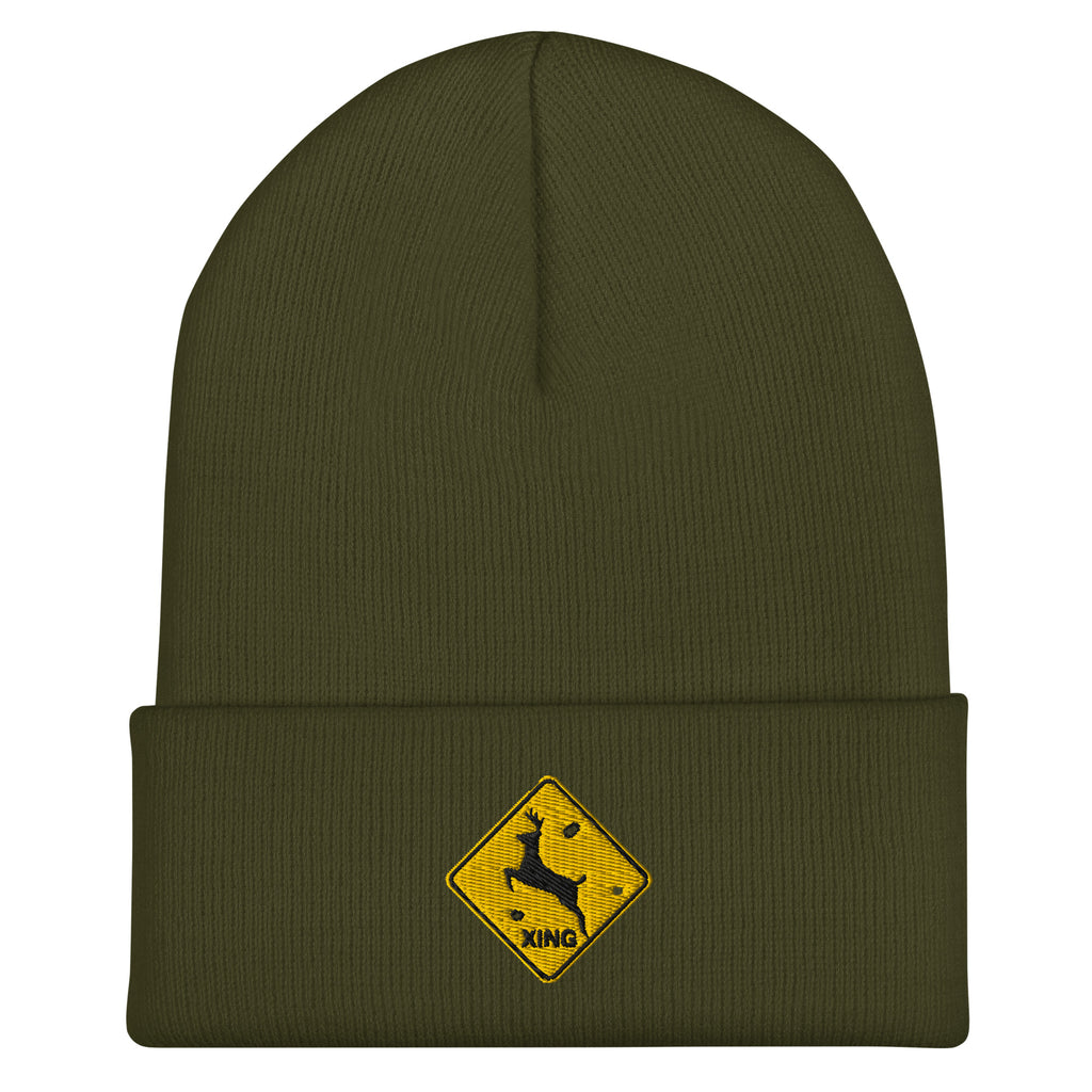 Deer crossing sign embroidered olive beanie – funny deer hunting winter hat