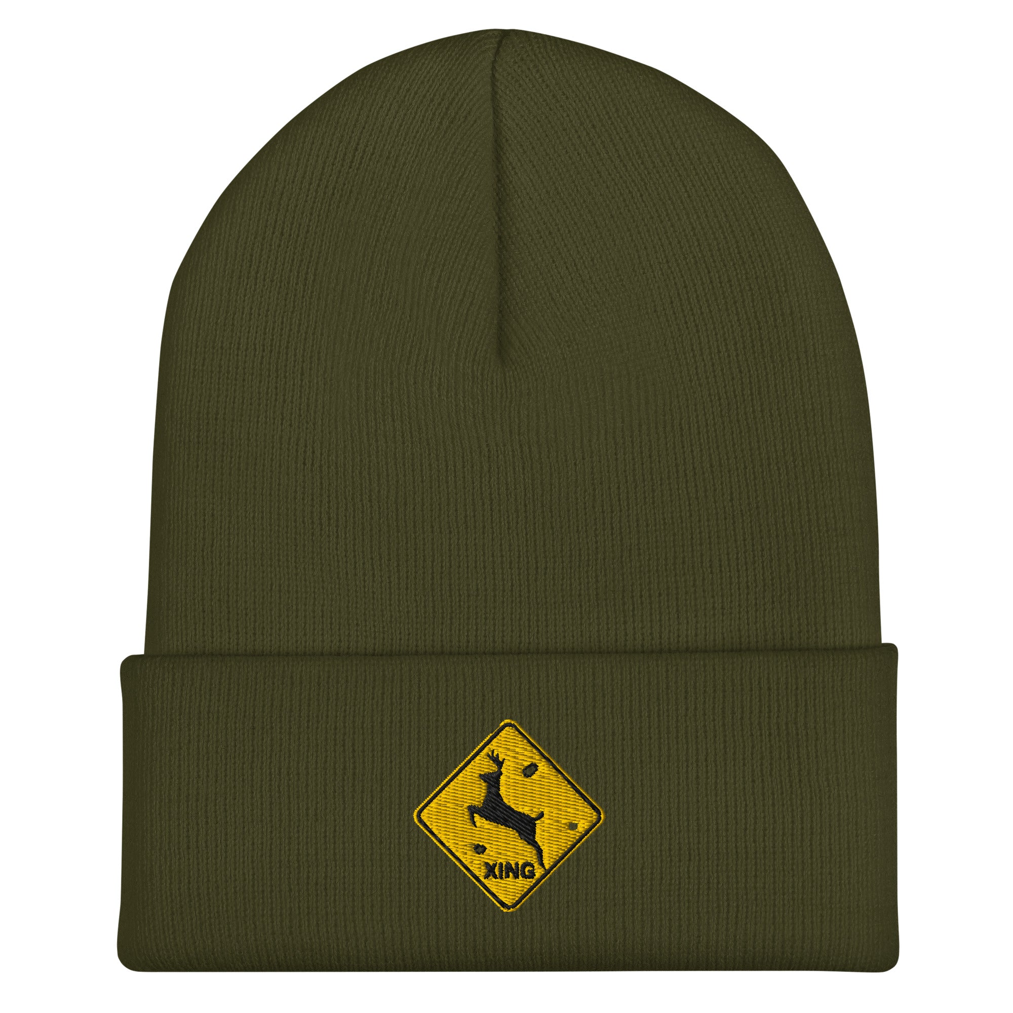Deer crossing sign embroidered olive beanie – funny deer hunting winter hat