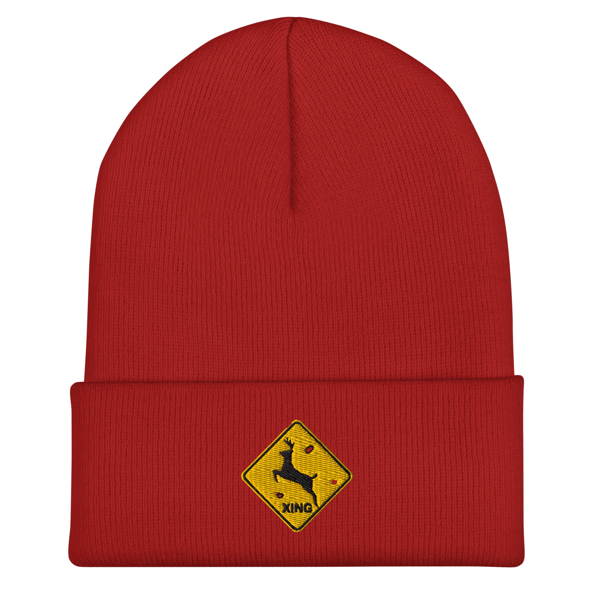 Deer crossing sign embroidered red beanie – funny deer hunting cold weather hat