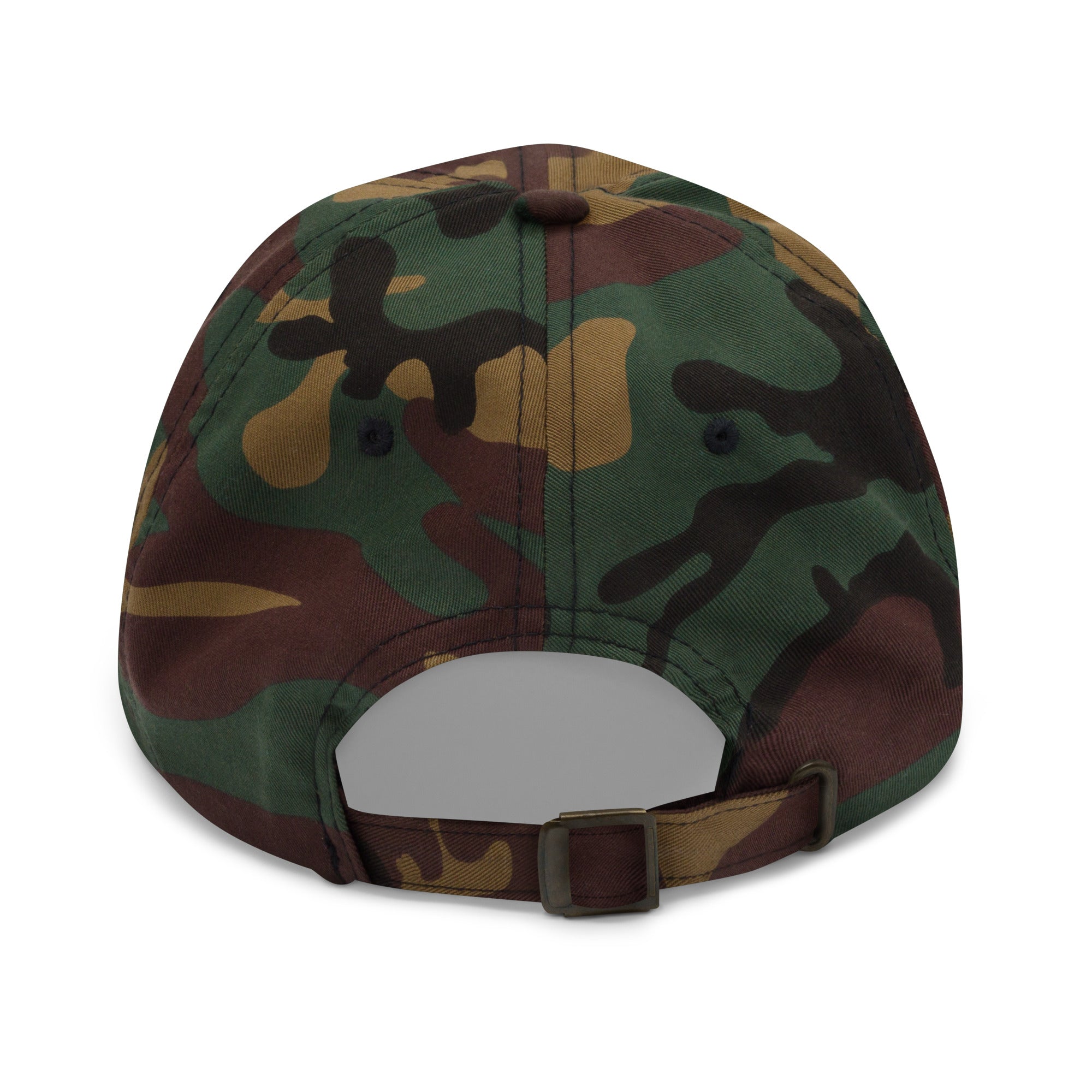 Deer crossing sign green camo dad hat back view – adjustable antique buckle strap