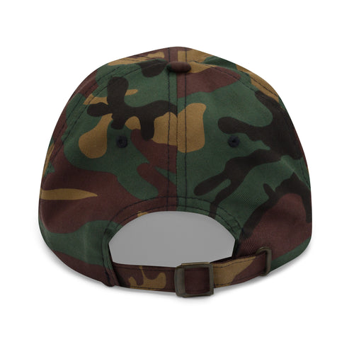 Deer crossing sign green camo dad hat back view – adjustable antique buckle strap